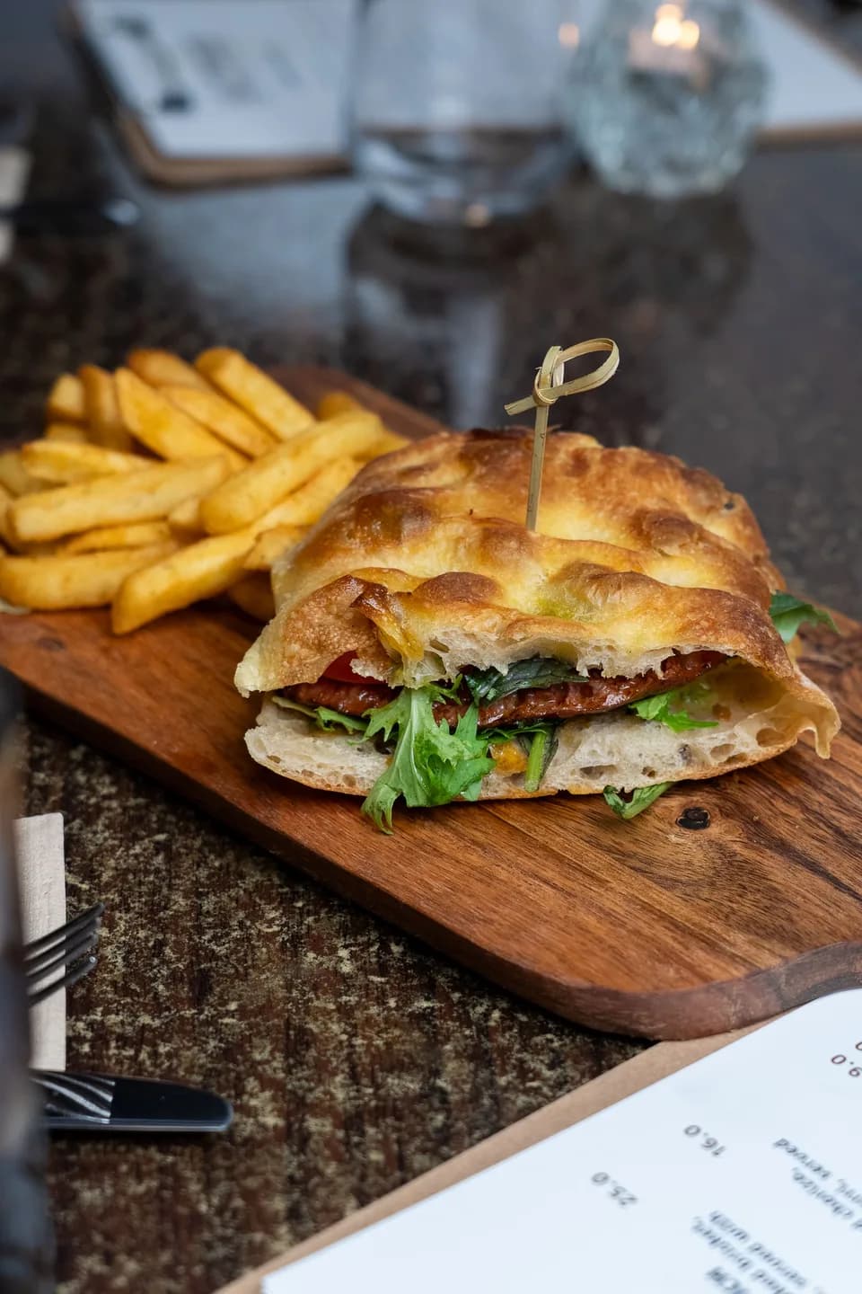 Smoked brisket sandwich on focaccia with seasoned fries at Saltwood, Ferrymead.