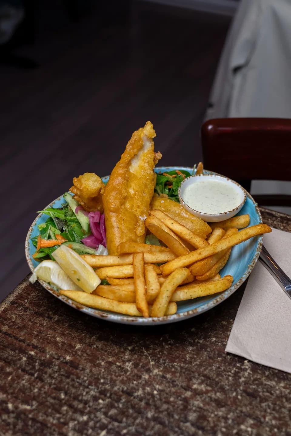 Fish and chips with battered market fish, fries, and tartare sauce at Saltwood, Ferrymead.