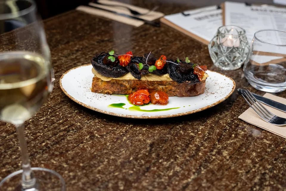 Roasted mushroom focaccia with hummus and sundried tomato at Saltwood, Ferrymead.