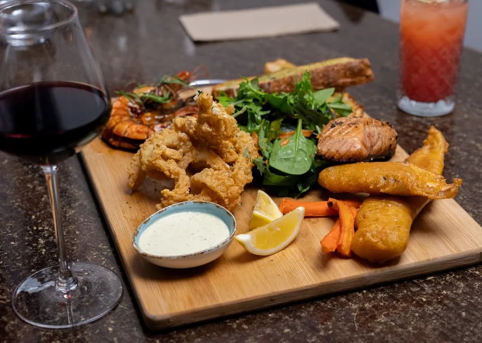 Platter From The Ocean with tiger prawns, calamari, and smoked salmon at Saltwood, Ferrymead.