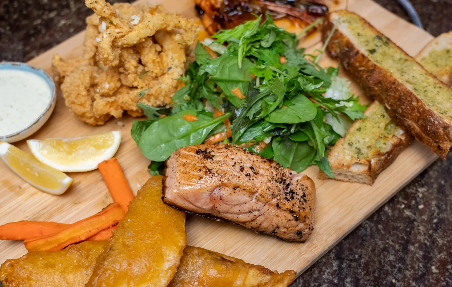 Platter From The Ocean with tiger prawns, calamari, and smoked salmon at Saltwood, Ferrymead.
